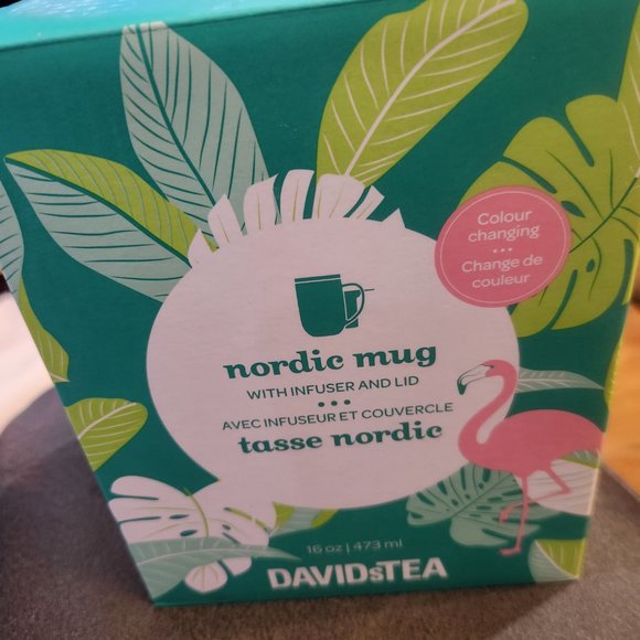 David's tea, Nordic mug with flamingos, colour changing c/w tea infuser/lid, NEW - Picture 2 of 2